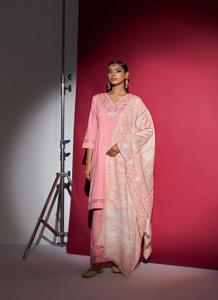 Flicklee Cotton Embroidery Khatli Kurti With Bottom & Dupatta