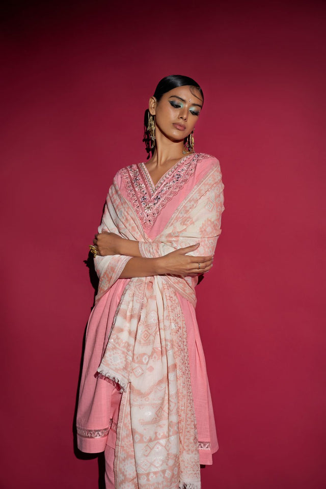 Flicklee Cotton Embroidery Khatli Kurti With Bottom & Dupatta