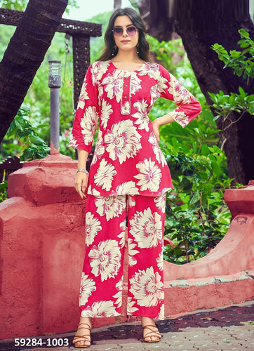 Flicklee Cotton Rose Red Kurti With Pant