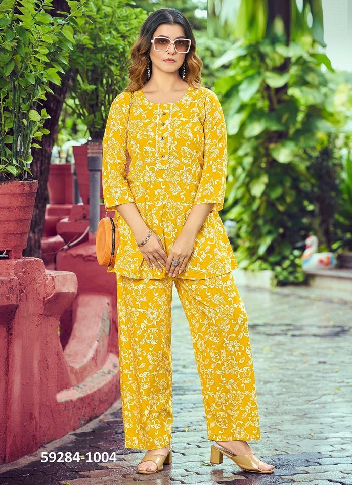 Flicklee Cotton Mustard Yellow Kurti With Pant